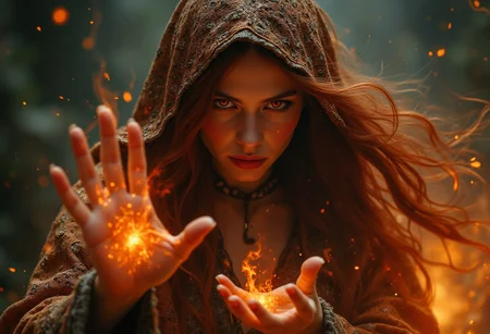 Cinematic style, Realism, Film still, High quality, A mystical and powerful sorceress with flowing red hair, dressed in an ornate brown hooded cloak. She is casting a spell, her hands glowing with fire magical energy. Her intense, captivating eyes are focused on the spell, and her cheeks are flushed red with concentration. Her eyes are also fiery red and glowing. The background is ethereal and filled with swirling magic, adding to the otherworldly atmosphere. The intricate details of her clothing and the shimmering magical effects create a sense of fantasy and enchantment.