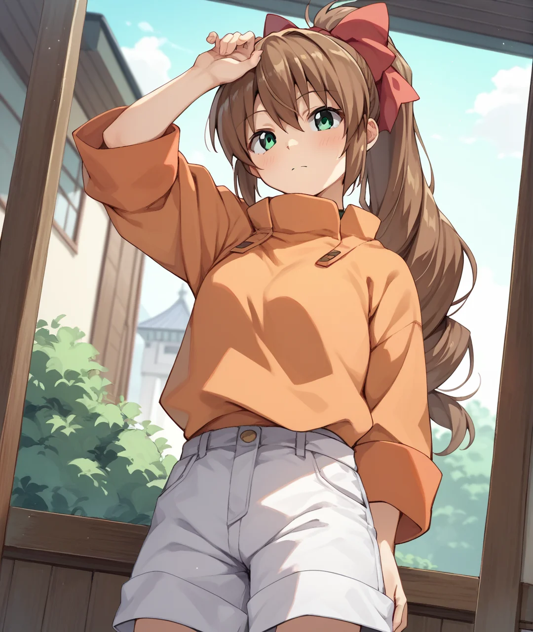 score_9, score_8_up, score_7_up, score_6_up, score_5_up, score_4_up, BREAK source_anime,
<lora:Yuta Kanami_PONY:1>,yuta kanami, 1girl, solo, brown hair, long hair, hair bow, ponytail, green eyes, orange shirt, red bow,white shorts,