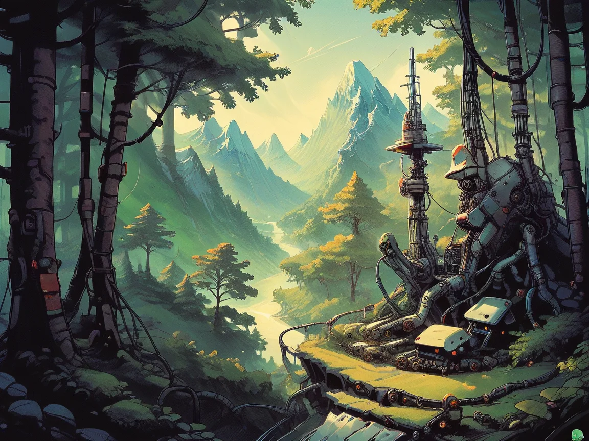 score_9, score_8_up, score_7_up, score_6_up, <lora:cyb0rgXLP:0.8> cyb0rg, science fiction, cable, mechanical parts, forest, scenery, mountains