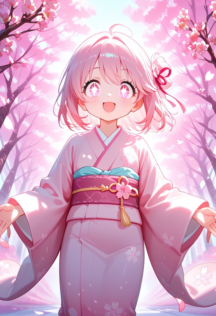 A cute little girl in a flowing pastel-pink kimono decorated with sakura petals, standing beneath a canopy of fully bloomed cherry blossom trees, soft spring sunlight filtering through delicate branches, petals gently drifting around her, her hair tied with a silk ribbon, big sparkling eyes and a sweet, innocent smile, high-detail anime-style digital painting, 8K resolution, soft focus, vibrant pastel colors, ethereal atmosphere