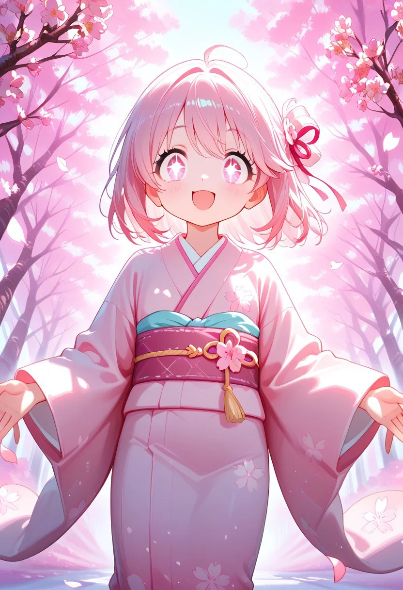 A cute little girl in a flowing pastel-pink kimono decorated with sakura petals, standing beneath a canopy of fully bloomed cherry blossom trees, soft spring sunlight filtering through delicate branches, petals gently drifting around her, her hair tied with a silk ribbon, big sparkling eyes and a sweet, innocent smile, high-detail anime-style digital painting, 8K resolution, soft focus, vibrant pastel colors, ethereal atmosphere