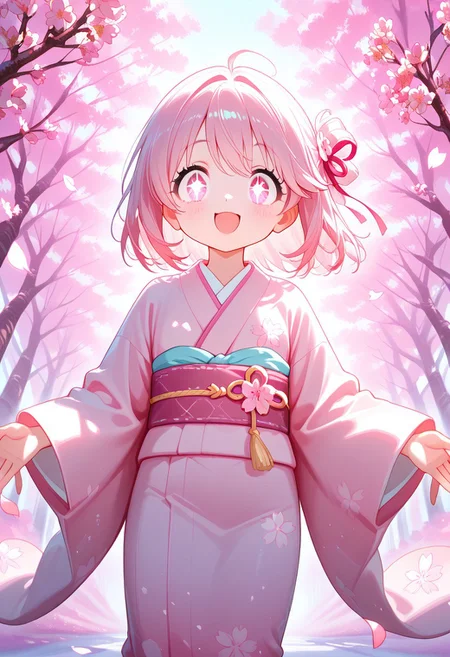 A cute little girl in a flowing pastel-pink kimono decorated with sakura petals, standing beneath a canopy of fully bloomed cherry blossom trees, soft spring sunlight filtering through delicate branches, petals gently drifting around her, her hair tied with a silk ribbon, big sparkling eyes and a sweet, innocent smile, high-detail anime-style digital painting, 8K resolution, soft focus, vibrant pastel colors, ethereal atmosphere