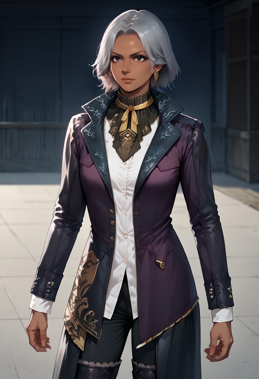 Score_9_up, score_8_up, score_7_up, source_realistic, BREAK 1girl, solo, vivianxvi, short hair, grey hair, dark-skinned female, earrings, long coat, collar, white shirt, black pants, thighhigh boots,