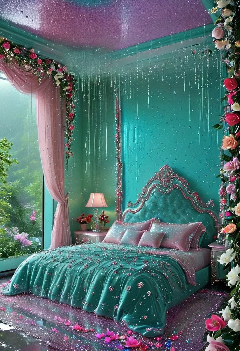 Light mood masterpiece photography, realistic, realistic photograph, crystal chandelier, lava lamps, rain inside bedroom, bedroom floor is water, flowers, trees, indoors, pond, swet flowers, glitter flowers, damp, pond inside bedroom, luxurious bedroom, bedroom, lots of jewelry, widescreen TV, gaudy, jewelry, flowers in hair, Lisa Frank inspired, rainy scene indoors, fancy furniture, Lisa Frank colors, green dress, Lisa Frank inspired, vanity, makeup collection, bedazzled platform shoes, large shoe collection, maximalism, green and blue and pink, purple, flowers on bed, maximalist bedroom, soft rug, neon rug, bedroom like bedroom from Howl's Moving Castle, beaded curtains, crystal room decor, lots of clothes, 2000s, fuzzy beanbag