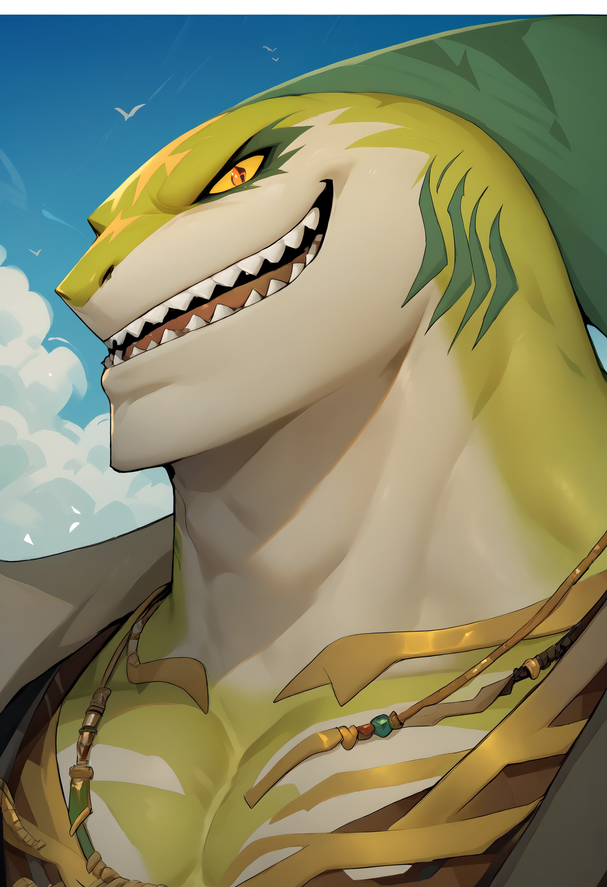 score_9, score_8_up, score_7_up, <lora:garold-000002>, garold, bara, shark tail, green skin, sharp teeth, furry male,  vest, necklace, jewelry, looking at viewer, 1boy, solo, close up,  outside,