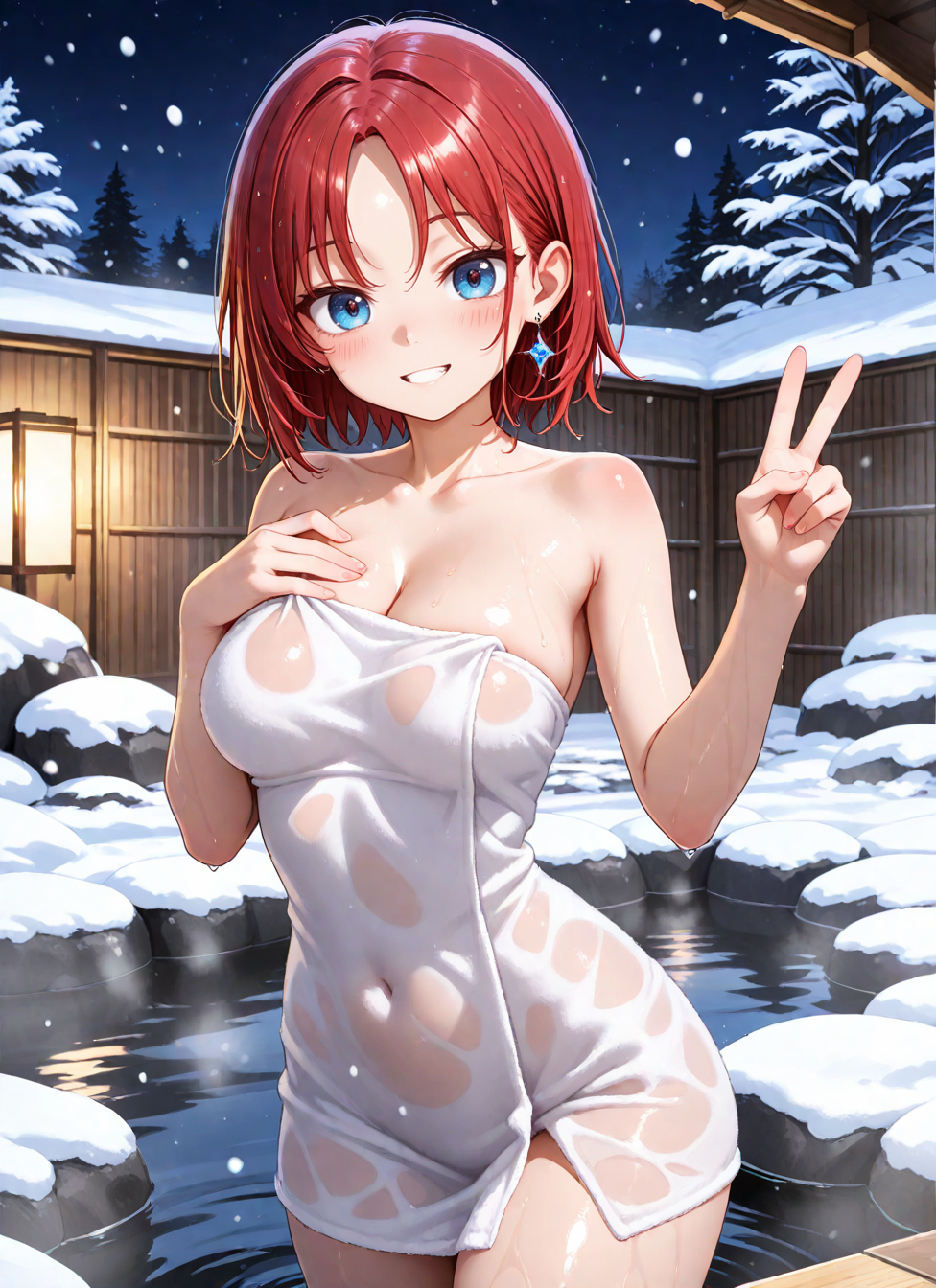 1girl, solo, parted lips, blush,
short hair, parted bangs, red hair, blue eyes, single earring, open mouth, smile, V,
naked towel, wet hair, wet, 
standing, looking at viewer,
outdoors, onsen, steam, stone, winter, snow, night, see-through towel,, <BREAK> , masterpiece, amazing quality, best quality, ultra-detailed, 8K, illustration, CG, clear skin, ultra-detailed-eyes, soft skin, shiny skin, shiny hair, very awa, very as2, anime coloring,, , shiny, shiny skin, shiny hair, soft body,, <BREAK> (body blush:1.2),