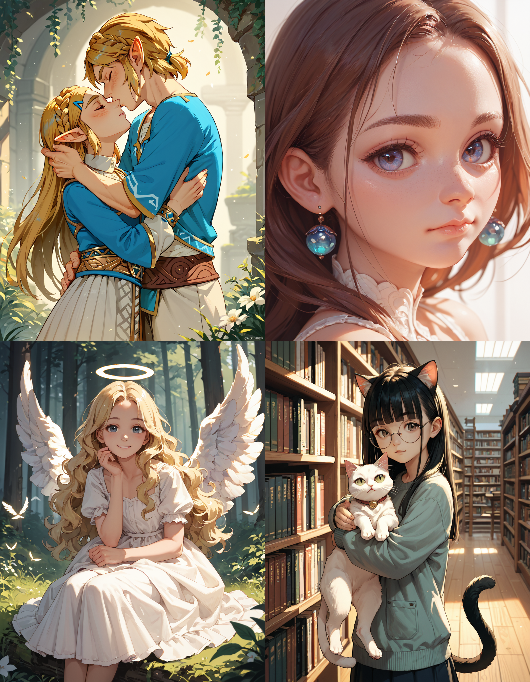 https://civitai.com/articles/5300 __ 1st image: score_9, score_8_up, score_7_up, 1girl, 1boy, Princess_Zelda, \(The_Legend_of_Zelda:_Breath_of_the_Wild\), standing, kiss, hug, closed_eyes __ 2nd image: score_9, score_8_up, score_7_up, 1girl, lovely face, portrait, close-up, looking_at_viewer, closed_mouth __ 3rd image: score_9, score_8_up, score_7_up, 1girl, solo, blonde_hair, wavy_hair, angel, angel_wings, halo, smile, sitting, forest, white_dress __ 4th Image: score_9, score_8_up, score_7_up, 1girl, solo, long_hair, black_hair, blunt_bangs, straight_hair, round_eyewear, cat_girl, cat_ears, cat_tail, standing, hug cat, looking_at_viewer, library