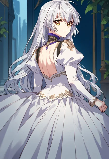 zPDXL3, score_9_up, score_8_up, score_7_up, (Anime_source), 1girl, Aristia, amber eyes, white hair, long hair, dress, looking at viewer, looking back, smile, closed mouth, cowboy shot