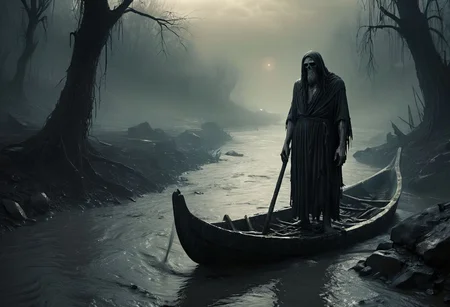 Acheron, the river of weeping woe that souls must cross to enter the underworld, a flowing, sorrowful character, drenched and powerful, Charon the ferryman waits at the bank
