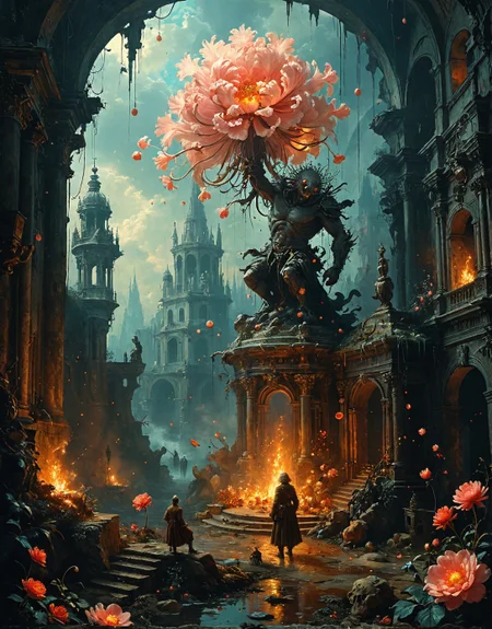 retro-futuristic (pestilence-lord with viral aura emitter:1.2), spinning dual axes in crisscross defense pattern, steam_blast, Fungal war memorial depicting mycelium treaties, rains of blooming ice flowers, fruit ripening accelerating time locally,Quantum leap second midnight with time glitches, Canopies of floating lotus pods broadcasting radio waves,
<lora:tbh297-sdxl:0.15>,
<lora:tbh124-sdxl:0.15> style of Jean-Antoine Watteau,
<lora:tbh189-sdxl:0.3> style of Hieronymus Bosch
<lora:add-detail-xl:0.7>,
<lora:extremely_detailed:0.7> extremely detailed,
<lora:Flux-XL_Scenery:0.15> flux-scenery,
<lora:Flux-style-xl-lora:0.15> flux-style
<lora:1dkXLP:0.15> 1dk,
<lora:PainterlyFantasiaFlux:0.15> Digital painting style,
8K resolution, ultra-detailed cinematic composition, contemporary concept art style, volumetric magical atmosphere with ethereal glow, rich complementary color palette, vivid gradients and chiaroscuro contrast, dynamic perspective with layered depth of field, inspiring awe-inspiring mood, Unreal Engine 5 render quality, intricate textures, flawless anatomy, rule of thirds composition, luminous highlights, surreal ambiance, award-winning illustration, harmonious balance of light and shadow, photorealistic details, ArtStation trending, chromatic accents, nostalgic futurism, dreamlike serenity, bold creativity, professional finish, sharp focus, ambient background, fascinating dynamic motion,, Baroque art style, dynamic composition, dramatic lighting, rich colors, intricate details, professional-grade execution, captures the grandeur and theatricality of the Baroque period, Apocalyptic surrealism art style, digital painting, eerie and haunting, surreal landscapes, dystopian ruins, twisted reality, dreamlike and nightmarish scenes, vibrant and dark color palette, intricate details, professional-grade execution, evokes a sense of doom and otherworldliness . vintage sci-fi, 50s and 60s style, atomic age, vibrant, highly detailed