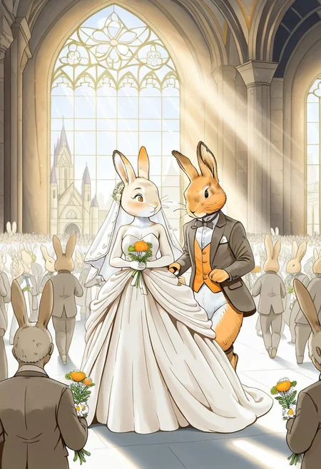 Bpstyle, 1girl, 1man, (1man, (rabbit male:1.2) wearing suit and bowtie, (rabbit male with white fur:1.2)), (1girl, (female vixen:1.3) wearing bride gown and holding flowers, orange and white fur, updo), indoors, cathedral, interspecies crowd attending, sun rays through colored windows,