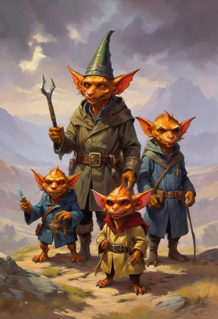 a painting of 3 kobolds in a trench coat, kobold wizard mafia, cute fantasy art, art, oil painting, digital painting
Furry Creatures or Goblin-like Beings, diminutive, humanoid figures,  gnome-like, furry goblin-like beings with cute exaggerated features, dog-dragon like
Elmore_Style_LX, in the style of jeff-easley