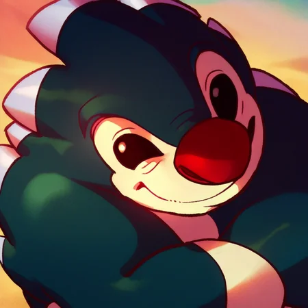 score_9, score_8_up, score_8, furry, Spike_LS, alien, blue fur, spiky fur, red nose, spiky tail, black eyes, cartoon style, 2d, muscular male, solo, upper body focus, face close up, arms crossed, looking at viewer, smile, outside, beach