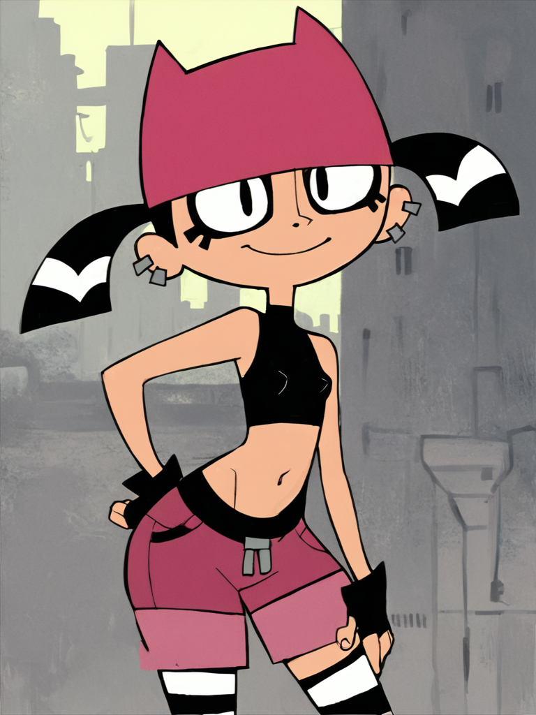 <lora:TiffPony1.0:0.8> tiff, 1girl, black hair, mascara, ear piercing, short hair, short twintails, solo, smile, pink cat hat, black eyes, black crop top, black fingerless gloves, navel, pink shorts, striped thighhighs, standing, looking at viewer, score_9, score_8_up, score_7_up, score_6_up, score_5_up, score_4_up,flat chest, covered nipples, outdoors, hand on hand on own hip,