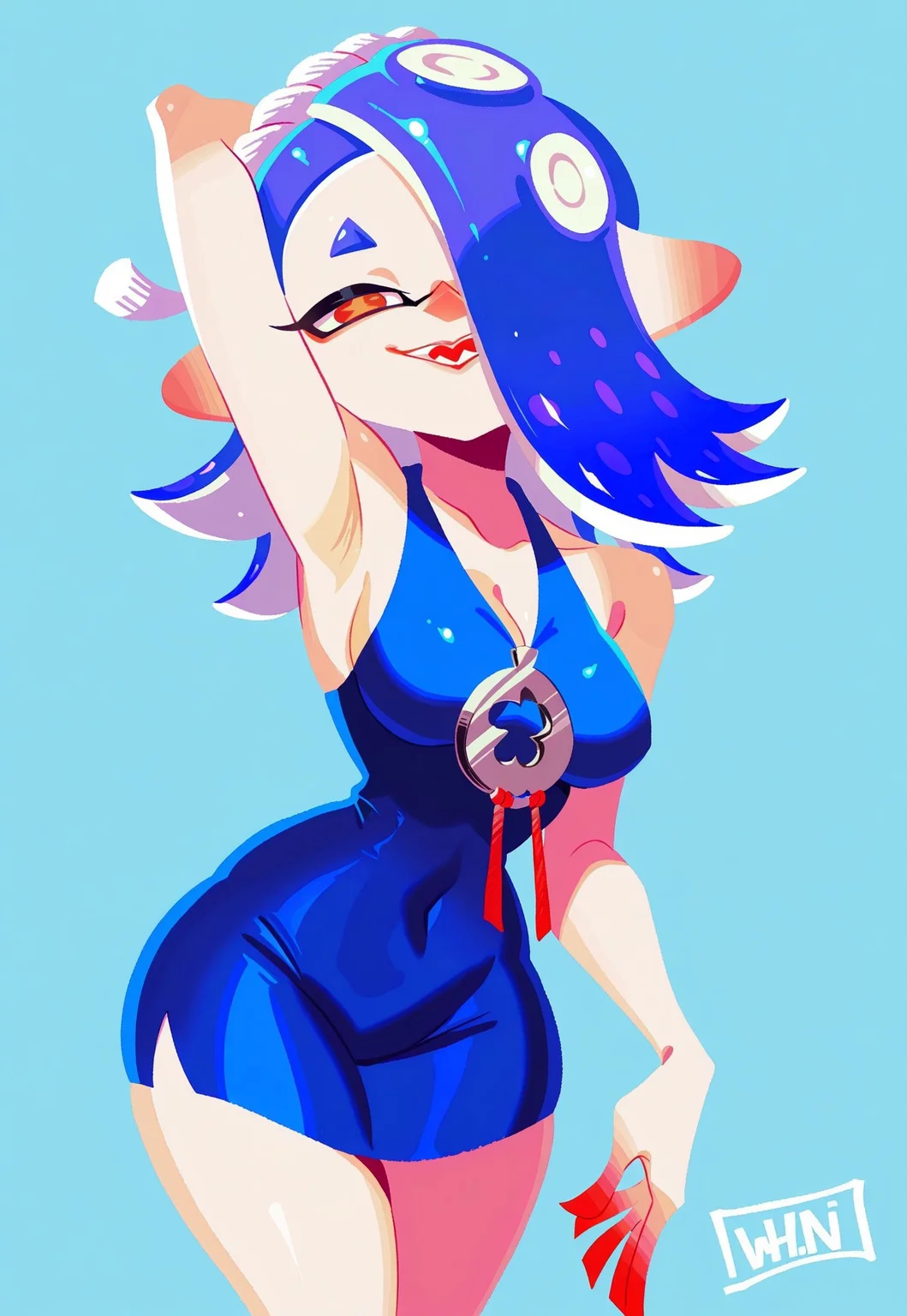 safe_pos, masterpiece, highres,
whichdoll, shiver_(splatoon), 1 girl, medium breasts, tight blue dress, happy, looking at viewer, pose, solo, simple background, cowboy shot