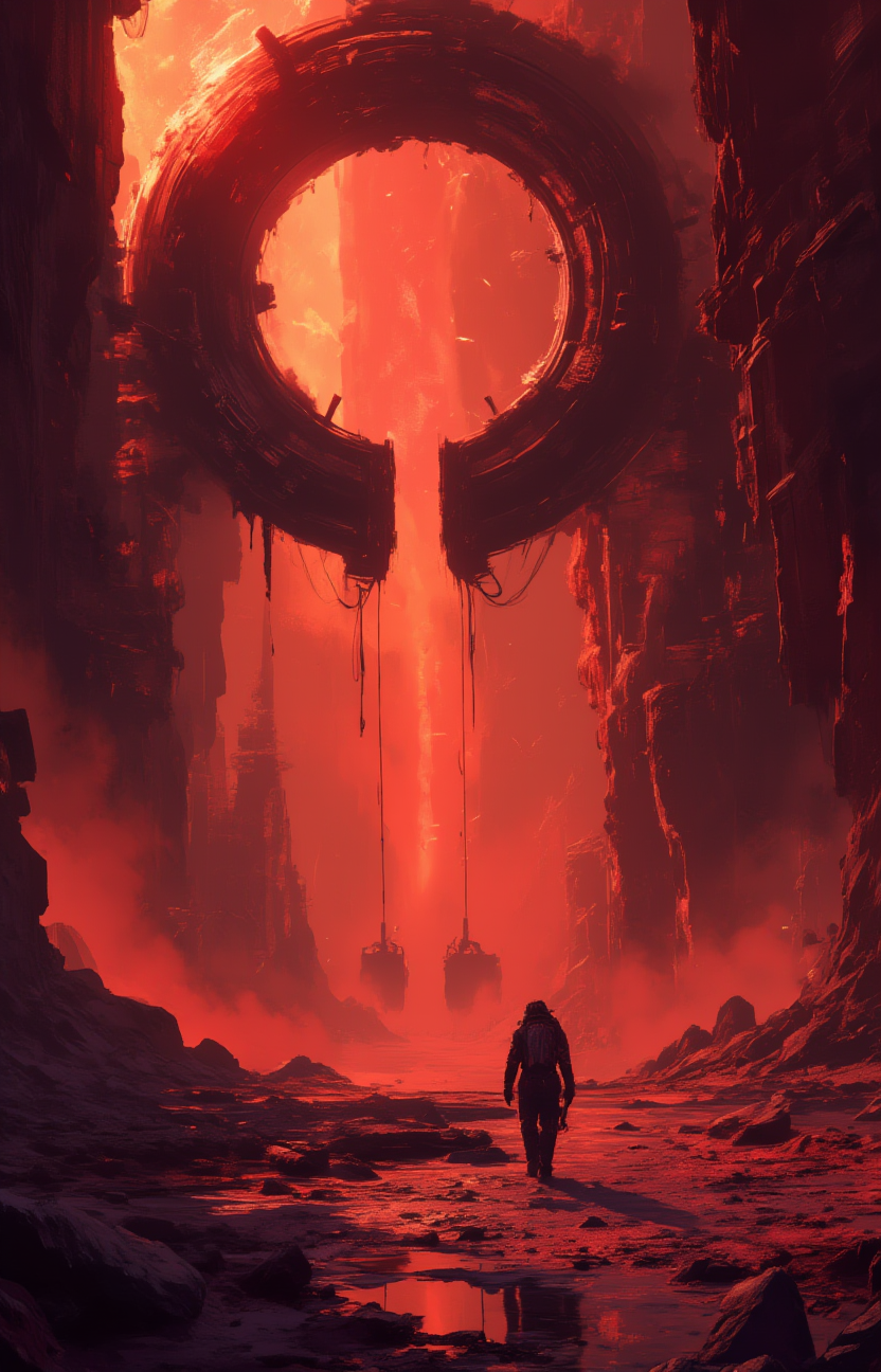 digital art, a futuristic or sci-fi setting with a character in a spacesuit walking towards a large circular portal or gateway. The environment is filled with fiery red and orange hues suggesting a volatile or dangerous atmosphere.  <lora:MJanime_Flux_LoRa:1> <lora:- Flux1 - the_edgy_mech_V1.0-step00003400:.4>