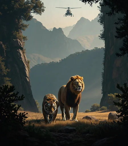 The wild is fading, its last guardians standing against the encroaching tide of steel and smoke. A lion and a tigress remain, their presence both powerful and vulnerable in a world that no longer belongs to them.
The lion, a sovereign of the untamed, carries the weight of his lineage in every movement. His golden mane, thick and radiant, catches the dying light, its strands rippling with a defiant glow. His amber eyes burn with something ancient—an unshaken spirit that refuses to bow, even as the thunderous roar of an approaching machine splits the air.
The tigress, sleek and battle-worn, watches with sharp intensity. Her striped coat, once a perfect camouflage, now stands stark against the decaying remains of nature. Muscles coiled, ears attuned to the mechanical heartbeat of the world beyond, she senses what the lion already knows—there are fewer places left to run.
Above, the rhythmic pulse of a helicopter shatters the silence, its relentless blades slicing through the poisoned sky. A spotlight glares through the thick haze, an unfeeling gaze scanning the last remnants of the wild. It does not see them as kings, as hunters, as legends. It sees only subjects to be recorded, data to be stored, an anomaly in a world now ruled by progress.
Beyond, the land bears the scars of invasion. The river, once a pure and glistening artery of life, is now tainted with the sheen of industry. Its slow-moving waters carry the weight of chemical decay, reflecting not the stars, but the artificial glow of distant floodlights. The air, once filled with the whispers of trees and the scent of rain, now carries the acrid taste of smoke and iron. The jungle, shrinking with every passing day, stands in silent protest against a future it cannot stop.
Yet the lion and the tigress remain. They do not flee. They do not yield. They are the last echoes of something greater—warriors of a kingdom erased by hands that will never understand what they have taken.
And for this moment, they still exist. Not conquered. Not forgotten. Not yet.
Simon Stalenhag Style