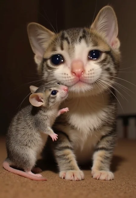 realistic photo of crying cat and crying mouse posing together, large mouse, small cat, shallow depth of field, incredibly detailed, hyperrealistic digital photo