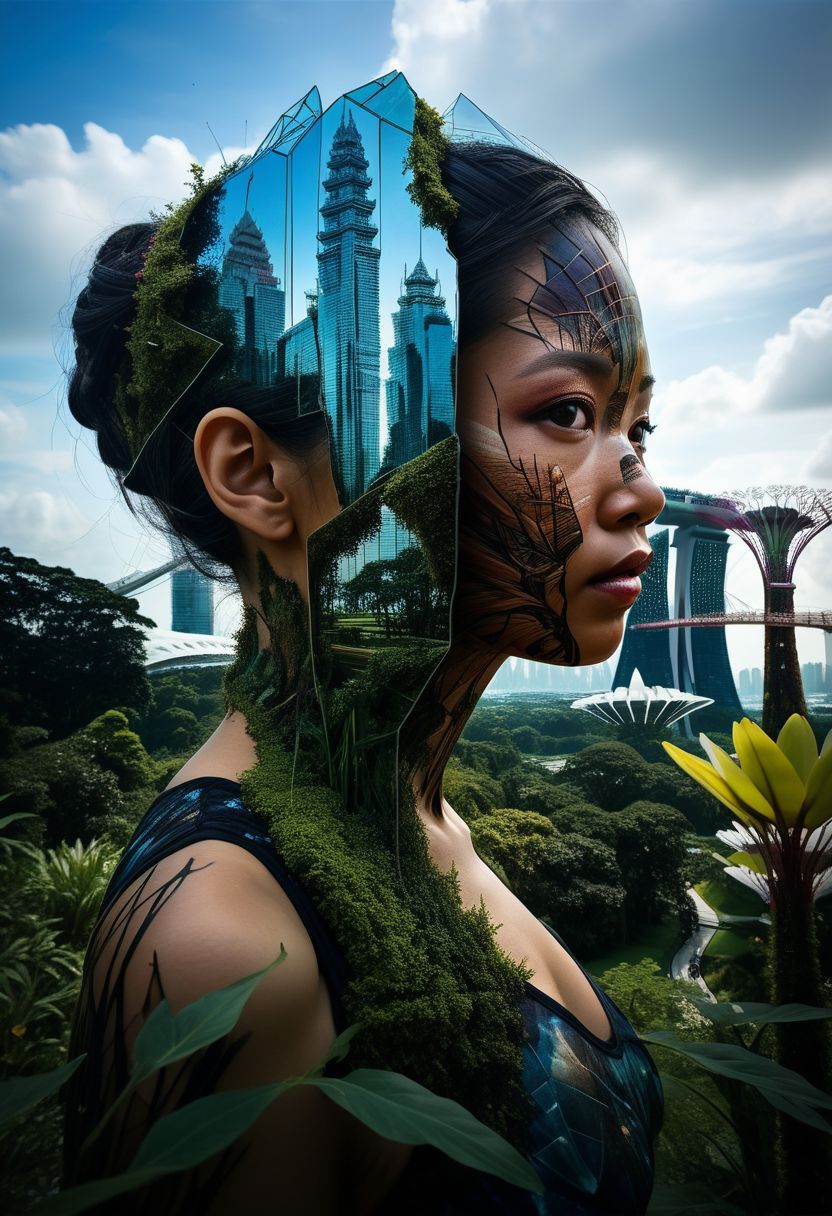 Close-up, mysterious silhouette of a singaporean woman, gardens by the bay in singapore, goddess, alluring, by Minjae Lee, Carne Griffiths, Emily Kell, Steve McCurry, Geoffroy Thoorens, Aaron Horkey, Jordan Grimmer, Greg Rutkowski, amazing depth, double exposure, surreal, geometric patterns, intricately detailed, bokeh,  perfect balanced, deep fine borders, artistic photorealism , smooth,  great masterwork by Suiras  <lora:add-detail-xl:2>  <lora:Double_Exposure:0.5>