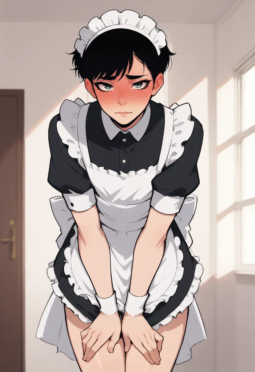 score_8_up,
femboy, male focus, black hair, full-face blush, looking at viewer, bangs, thighs, maid, maid headdress, maid apron, standing, leaning forward, seductive
<lora:NoctFlatStyleV2:1>