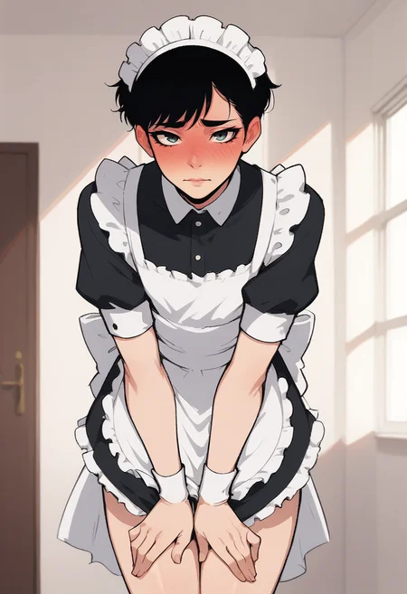 score_8_up,
femboy, male focus, black hair, full-face blush, looking at viewer, bangs, thighs, maid, maid headdress, maid apron, standing, leaning forward, seductive
<lora:NoctFlatStyleV2:1>