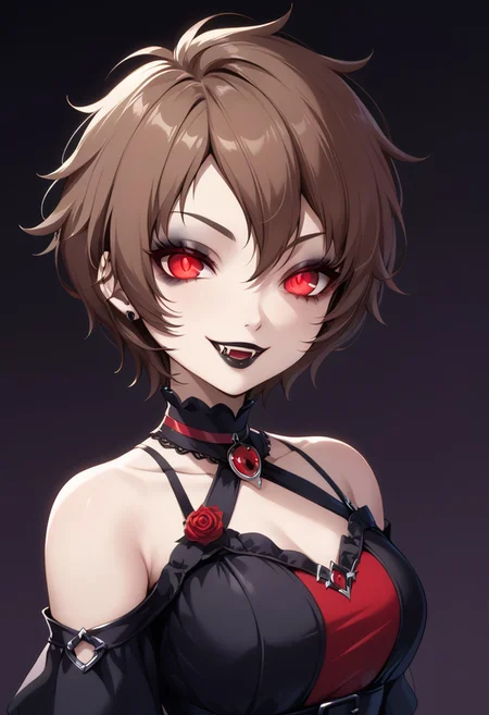 score_9, score_8_up, score_7_up, score_6_up, (haaru),concept art, digital artwork, highly detailed, sharp focus, portrait, araip5x, brown hair, short hair, messy hair, <lora:princess_xl_v2:0.3>, <lora:VampirePonyLora:0.9> vampire, red eyes, glowing eyes, fangs, <lora:Gothic:1>, GothicC, makeup, black lipstick, mascara, black nails, gothic dress, black dress, red dress, covered shoulders, fishnet, half closed eyes, smug, evil smile, dark background