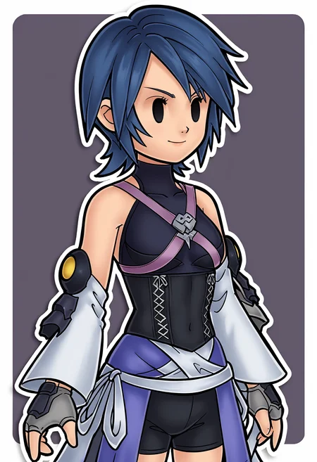 score_9, score_8_up, score_7_up, <lora:AquaPonyV1.0:1>, khaqua, 1girl, solo, blue hair, short hair, spiked hair, black eyes, smile, sleeveless dark blue turtleneck, bare shoulders, purple chest strap, silver chest ornament, arm armor, white detached sleeves, black corset, white laces, blue skirt, white ribbons, black shorts, black thighhighs, grey fingerless gloves, <lora:PaperMario:1>, solid oval eyes, (chibi), black outline, white outline