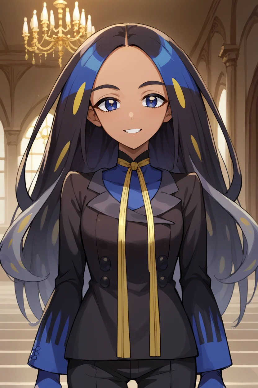 score_9, score_8_up, score_7_up, score_6_up, source_anime, BREAK 1girl <lora:geeta-pdxl-nvwls-v1-000006:1> geeta, multicolored hair, neck ribbon, black jacket, black pants, gloves, looking at you, mansion, chandelier, indoors, happy, upper body
