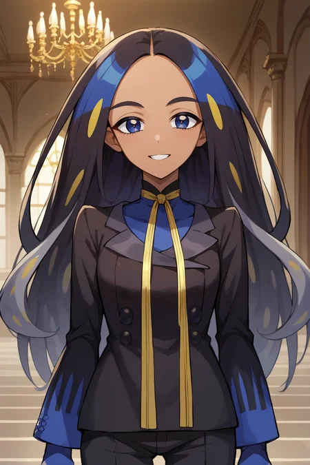 score_9, score_8_up, score_7_up, score_6_up, source_anime, BREAK 1girl <lora:geeta-pdxl-nvwls-v1-000006:1> geeta, multicolored hair, neck ribbon, black jacket, black pants, gloves, looking at you, mansion, chandelier, indoors, happy, upper body