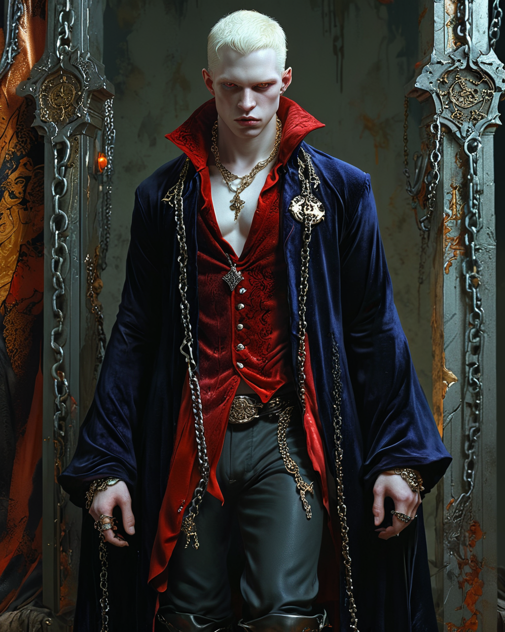 male vampire wearing a velvet robe, pale skin, albino, crypt, chains, metal, jewelry, contrast, rich colors, intricate, highly detailed, centered, full body, boots, digital painting, artstation, concept art, smooth, sharp focus, illustration, artgerm, donato giancola, hyperrealistic,  <lora:add-detail-xl:0.75> <lora:xl_more_art-full_v1:0.5>  <lora:MJ52:0.4>