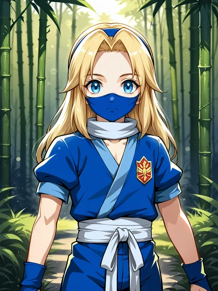 CSPNY1, d4113, forest, bamboo thicket, <lora:Maria (Sonic x Shadow Generations) PDXL v2:0.75>, sxsgmaria, blonde hair, source_anime, score_7_up, ninja outfit, ninja mask, kunai, ninja headband