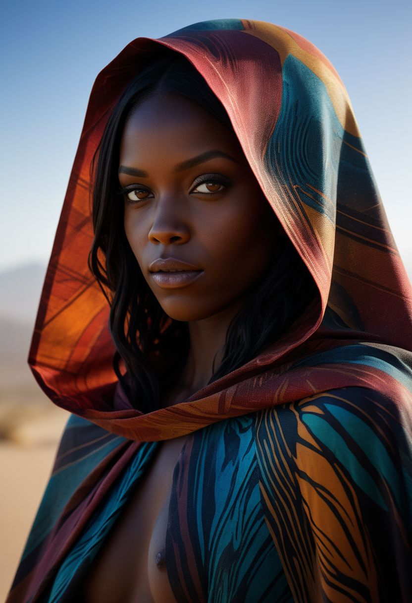 close-up mysterious silhouette of a coloured exotic woman with cape, african safari desert, goddess, alluring, by Minjae Lee, Carne Griffiths, Emily Kell, Steve McCurry, Geoffroy Thoorens, Aaron Horkey, Jordan Grimmer, Greg Rutkowski, amazing depth, double exposure, surreal, geometric patterns, intricately detailed, bokeh,  perfect balanced, deep fine borders, artistic photorealism , smooth,  great masterwork by head of prompt engineering   <lora:add-detail-xl:2>  <lora:Double_Exposure:0.5>