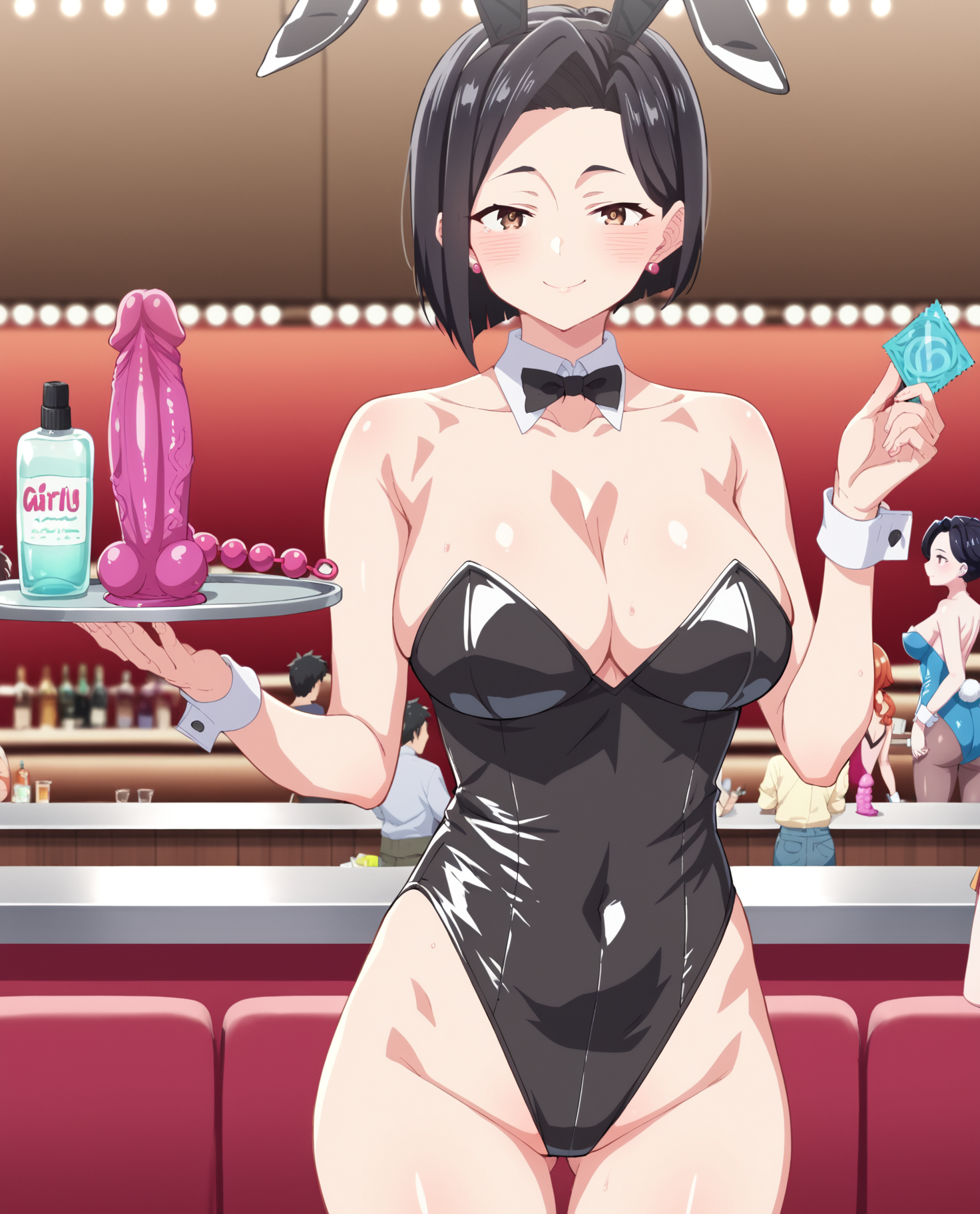 score_9, score_8_up, score_7_up, source_anime BREAK 1girl, mature female, <lora:sanae-yamada-s2-ponyxl-lora-nochekaiser:1> sanae yamada, short hair, black hair, brown eyes, bare shoulders, collarbone, earrings, leotard, playboy bunny cosplay, thigh gap, breasts, cleavage, smile, blush, holding tray, sex toy, condom wrapper, anal beads, standing, lotion bottle, dildo, <lora:Private_Club:0.6>, private club, strip club, depth of field, imminent sex, bar, waitress, cabaret club, detached collar, fake bunny ears, rating_questionable