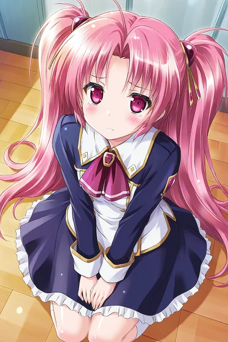 <lora:komatsu eiji IL:0.7>,dress,skirt,from_above,miyama yuuna,pink hair,pink eyes,long hair,twintails,, 1girl,masterpiece,best quality,amazing quality,very aesthetic,absurdres,newest,8K,prefect face, uncensored,
