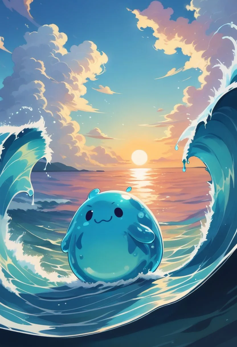 score_9, score_8_up, score_7_up, score_6_up, score_5_up, score_4_up, water spirit, slime creature, blue skin, surfing board, twirling wave, hawaii shirt, sun glasses, cool, dynamic