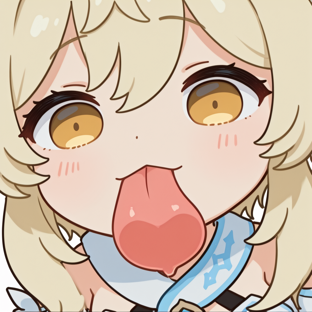(masterpiece, high quality, amazing detail), highres, 1girl, lumine \(genshin impact)\, solo, blush_sticker, licking screen, 1girl, solo, long hair, looking at viewer, simple background, white background, tongue, tongue out, chibi, :3, <lora:Chibi_licking_your_screen-10:1>