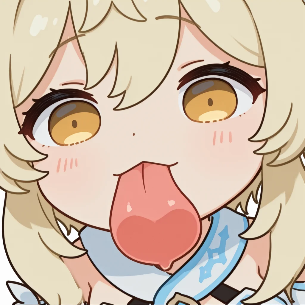 (masterpiece, high quality, amazing detail), highres, 1girl, lumine \(genshin impact)\, solo, blush_sticker, licking screen, 1girl, solo, long hair, looking at viewer, simple background, white background, tongue, tongue out, chibi, :3, <lora:Chibi_licking_your_screen-10:1>