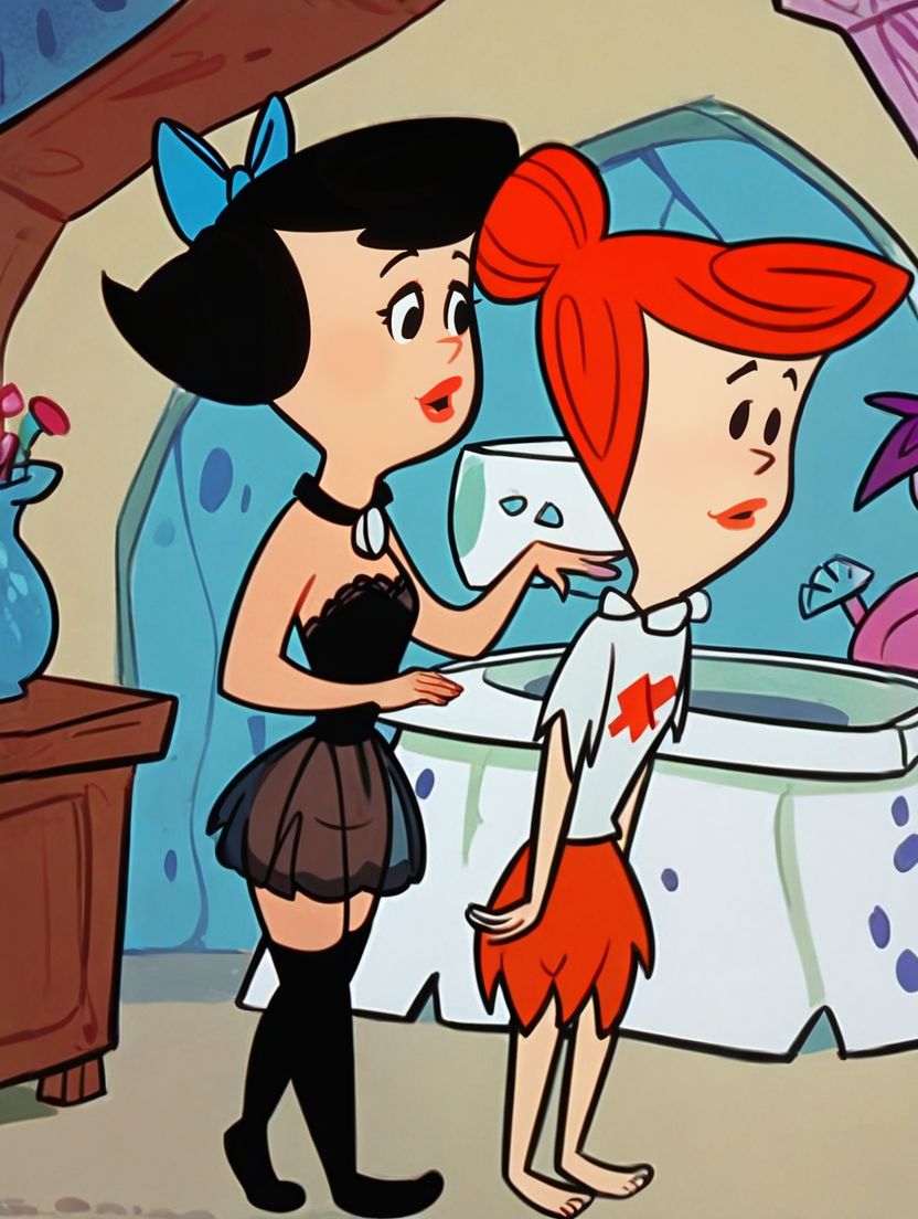score_9,score_8_up,score_7_up,score_6_up,score_5_up,score_4_up <lora:Smooth Night Style SDXL_LoRA_Pony Diffusion V6 XL:0.7>  <lora:The_FlintstonesPonyV3:1> 2girls, full body, 
Betty Rubble, black hair, lingerie, thighhighs, short hair, hair bow, black eyes, the flintstones background
BREAK
Wilma Flintstone, red hair, single hair bun, t-shirt, skirt, the flintstones background
