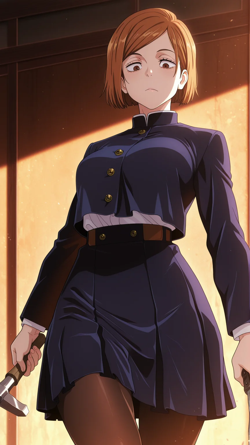 masterpiece,best quality,amazing quality, 1girl, solo, <lora:IlluNobara:1> illuobara, short hair, brown hair, brown eyes, school uniform, skirt, pantyhose, jacket, holding hammer