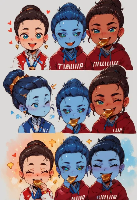 32k, Expressiveh, score_9, score_8_up, futanari, 3Girls, smiling,wink,gold medal,bronze medal,silver medal,biting medal, blue hair, colored skin, (blue skin), blue eyes, (colored sclera, blue sclera), red hoodie, medium hair, wet, sweat, steamy, steam, oil, oiled up, oily skin,