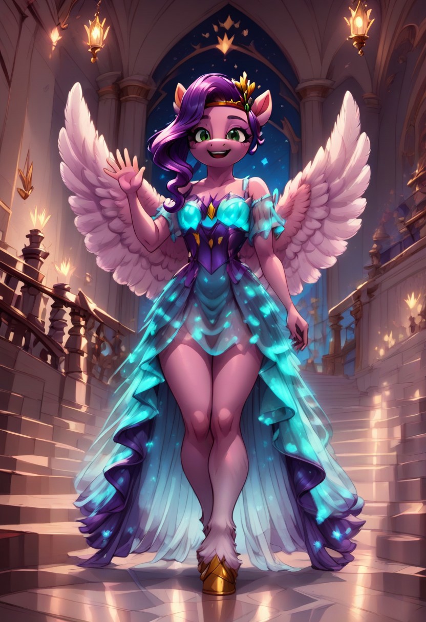 score_9, score_8_up, score_7_up, anthro,
(((Pipp Petals))), pegasus, ((spread wings)),
facing viewer, front view, female focus, view from chesthight,
g5, pony, female, mare, tail, dock, solo, 1girl, highly detailed, beautiful, detailed eyes, detailed fur, beautiful eyes, (tall), ((perfect body proportions), (beautiful long legs),
small breasts, show accurate skin colour,
long hair, fluffy hair, biggest hair,
(((walking ((down)) a grand staircase))), (((waving to viewer))), ((happy, excited, smiling at viewer invitingly)),
(((wearing a beautiful, eyecoloured, bioluminescent, shoulderfree ballgown))), glowing ballgown,
BREAK,
highly detailed background, (((nighttime))), night
inside Canterlot castle, ballroom, ((grand staircase)), mirror marble floor, (((dimmed lights in the room))),