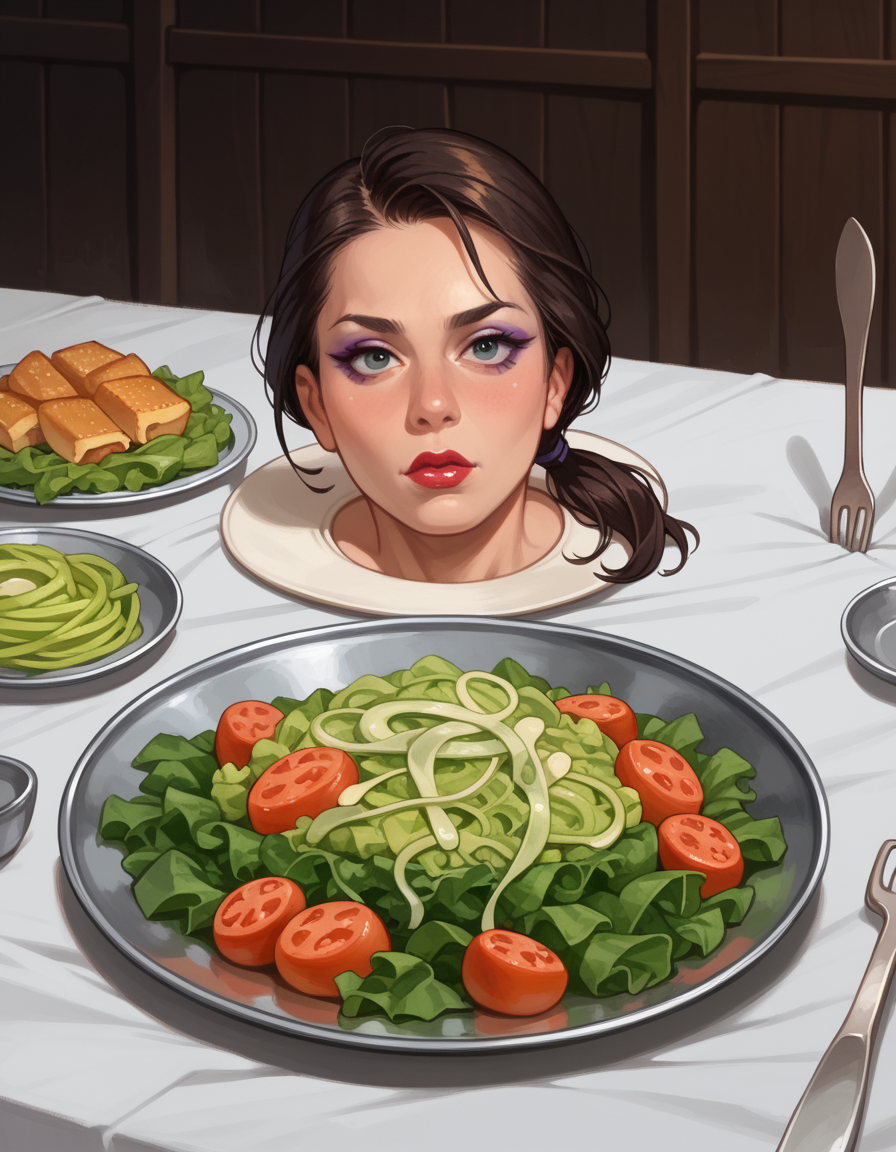 score_9, score_8_up, score_7_up, score_6_up, score_5_up, score_4_up, , solo, 1girl, Low Ponytail with a Twist, makeup, lipstick, hud_h3ad_platt3r, table, tray, severed head, <lora:headonaplatter:1>, knife, fork, spoon, salad, food