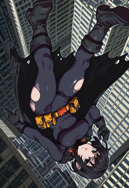 (score_9,score_8_up:1.1),score_7_up, high quality,
Ireading62, 1girl, torn clothes, solo, black hair, cape, falling, bodysuit, gloves, utility belt, belt, black bodysuit, boots, breasts, pouch, superhero, black cape, black gloves, building, medium breasts, torn bodysuit, torn cape, short hair, black footwear, looking at viewer, belt pouch, black eyes