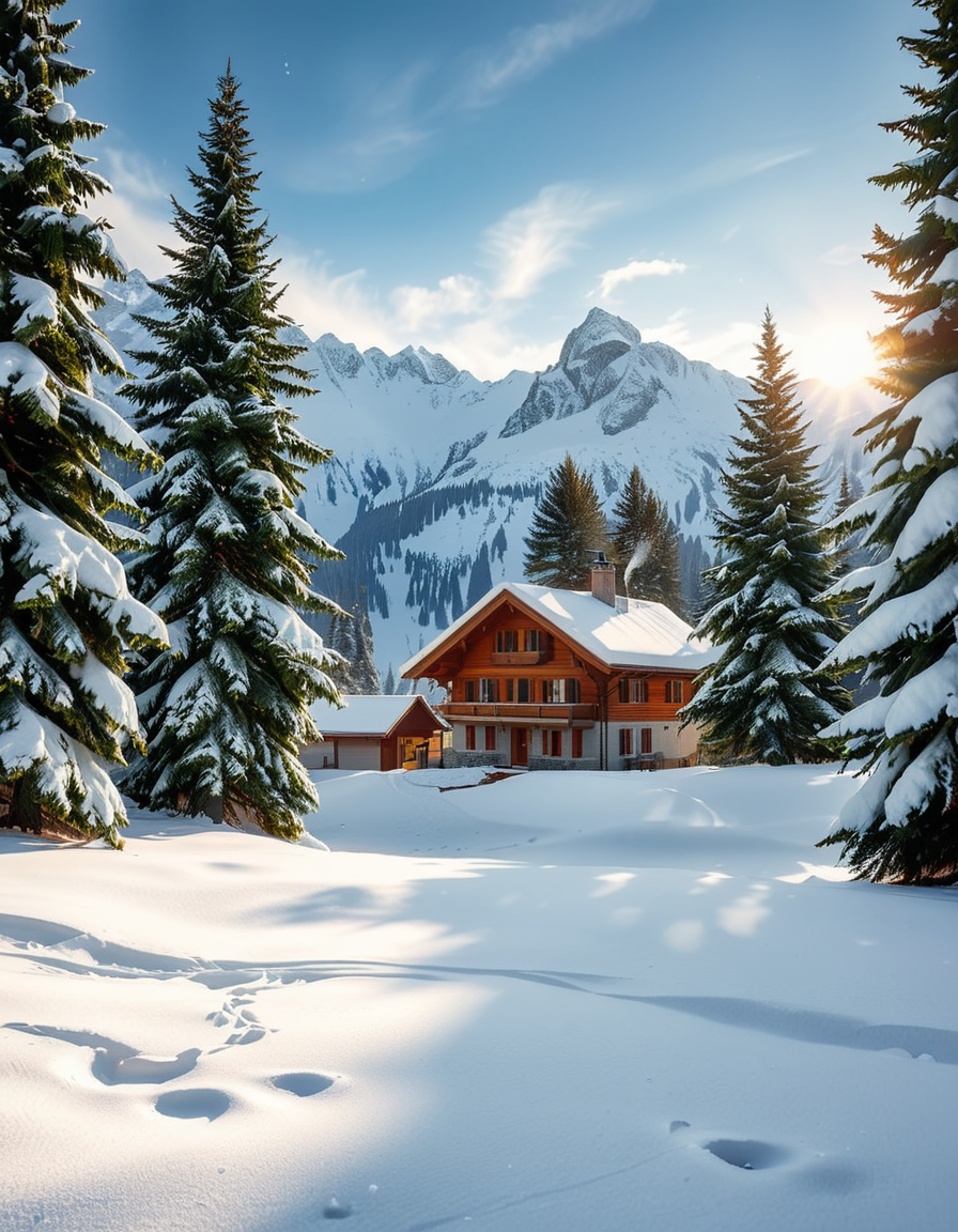 A cozy wooden chalet nestled in a serene winter landscape, surrounded by tall, snow-covered pine trees. Warm golden lights glow from the chalet's windows, contrasting with the crisp, cold air of the snowy evening. A thick layer of fresh snow blankets the ground, with a few footprints leading to the wooden front door. Smoke gently rises from the chimney, suggesting a warm fire inside. The sky is a soft twilight blue, with the first stars beginning to appear. In the foreground, a wooden fence partially covered in snow adds to the rustic charm. A small stack of firewood is neatly arranged near the entrance. The atmosphere is peaceful and inviting, evoking a sense of warmth and solitude in the midst of nature. The art style is hyper-realistic with soft lighting and high detail, emphasizing the texture of the wood, snow, and trees.
<lora:SDXLFaeTastic2400:0.4> <lora:extremely_detailed:0.4> extremely detailed, <lora:winter_l4ndsc4p3:1>,winter l4ndsc4p3, Masterpiece,best quality,hi res,8k,hi res,8k,award winning,(sharp focus, intricate, highly detailed),