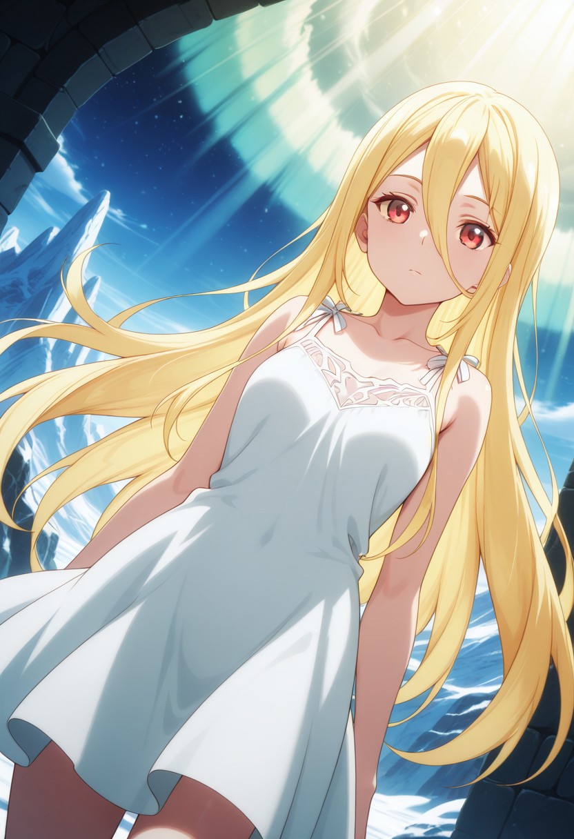 HDR, 8K, high contrast, masterpiece, best quality, amazing quality, very aesthetically pleasing, superabsurd res, high resolution, ultra-detailed, absurdres, latest, landscape, light rays, chiaroscuro, dynamic angle, Dutch angle, close-up, Aurora, red eyes, blonde hair, long hair, hair between the eyes, medium breasts, white dress, sleeveless dress, open shoulders, dungeon interior, illuminated, partially illuminated, Intricately designed, Mysterious shadows, anime screenshot, BREAK, beautiful detailed eyes, detailed skin, detailed hair, volumetric lighting,