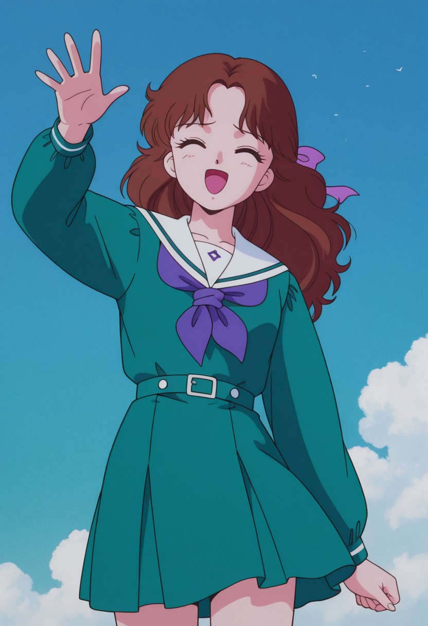 masterpiece, best quality, source_anime,official art,perfect_anatomy,1990s_\(style\),retro_artstyle,yurika,1girl,brown hair,long hair,tokai school uniform,sailor collar,serafuku,closed eyes,A young lady's laugh, loud laughter,cowboy shot,day,blue_sky,cloud