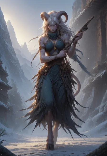 (absurdres, best quality, masterpiece:1.4), score_9, score_8_up, score_7_up, score_6_up, detailed, detailed body, detailed face, world of warcraft, fantasy, <lora:add-detail-xl:1.5>,
fFaceDetail, SkinDetail, ((female, draenei, tall, athletic arms, pale white skin, long white hair, purple eyes, no pupil, no sclera, long white tail), (h0rns, ram horns, white horns),
(long fingers, purple fingernails, purple nail polish), hooves),
GunMonk, shotgun, holding shotgun, dynamic pose,
(long loose blue dress, blue silk scarf, tail under dress, simple armlet, small yellow gem pendant),
outdoors, mountains, temple, snow, evening