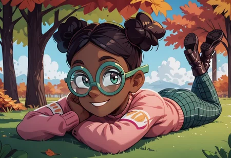 score_9, score_8_up, score_8, 1boy, solo, Shelby, green-framed eyewear, glasses, black hair, dark skin, dark-skinned female, double bun, round eyewear, long sleeves, pink sweater, blank sweater, plaid pants, 1girl, solo, black boots, smile, looking at viewer, rating_safe, park, overstimulation, lying on stomach, autumn,