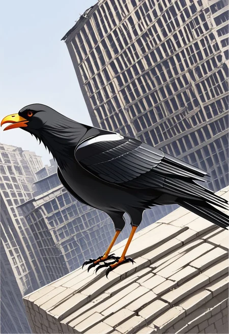 (anime), 1girl, city ruin, crow, (masterpiece), score_9
