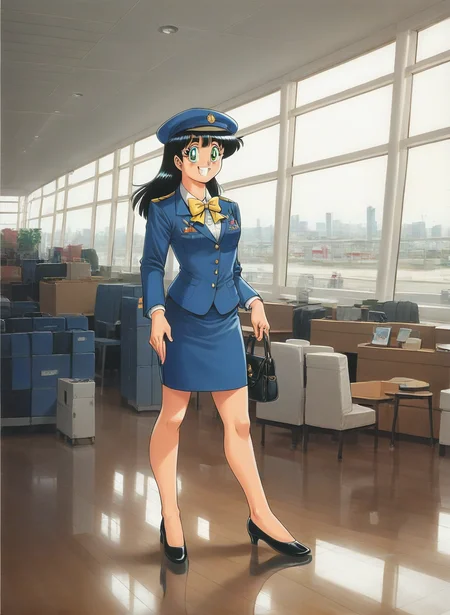 (zPDXL) score_9, score_8_up, score_7_up, score_6_up, source_cartoon, <lora:airport_pony:0.8>airport, scenery, window, reflection, building, real world location, chair, indoors, table, reflective floor, shop
BREAK  score_9, score_8_up, score_7_up, score_6_up, source_cartoon, 1girl, solo, full body, indoors, office, smile, standing, looking at viewer, <lora:hibino_chika_pony:0.8>, hat, hibino_chika, retro artstyle, long hair, bow, 1990s \(style\), pencil skirt, skirt, bangs, blue uniform,
yellow bowtie, jacket, vest, long sleeves, shirt, black hair, small breasts, green eyes, black handbag, shoes,